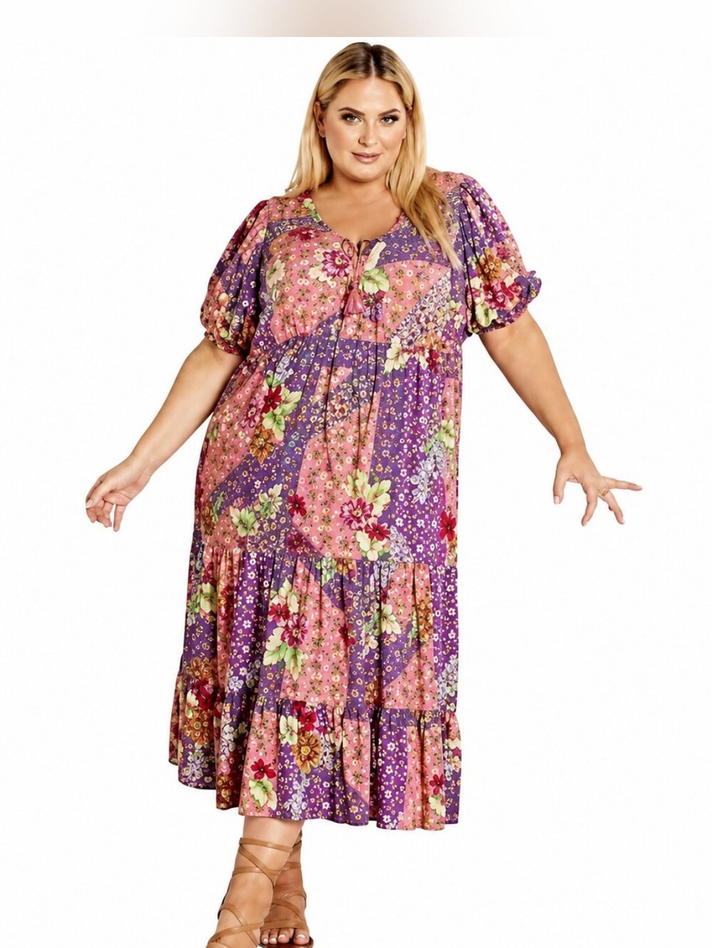 Avenue Floral Multicolor Alice Midi-Dress, Ruffled Hem, Puff Sleeves, Sz 14, NWT
